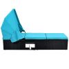 TOPMAX 76.8&quot; Long Reclining Single Chaise Lounge with Cushions; Canopy and Cup Table; Black Wicker+Blue Cushion