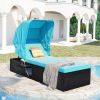 TOPMAX 76.8&quot; Long Reclining Single Chaise Lounge with Cushions; Canopy and Cup Table; Black Wicker+Blue Cushion