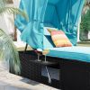 TOPMAX 76.8&quot; Long Reclining Single Chaise Lounge with Cushions; Canopy and Cup Table; Black Wicker+Blue Cushion