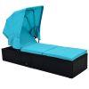 TOPMAX 76.8&quot; Long Reclining Single Chaise Lounge with Cushions; Canopy and Cup Table; Black Wicker+Blue Cushion