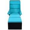 TOPMAX 76.8&quot; Long Reclining Single Chaise Lounge with Cushions; Canopy and Cup Table; Black Wicker+Blue Cushion