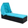 TOPMAX 76.8&quot; Long Reclining Single Chaise Lounge with Cushions; Canopy and Cup Table; Black Wicker+Blue Cushion