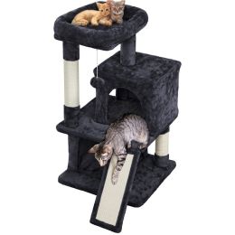 36" Cat Tree with Condo and Scratching Post Tower Kitten Activity Plush Play House Cat Nest (Color: Black)