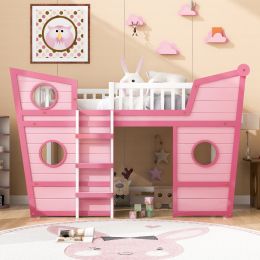Full Size Boat Shape Loft Bed with Ladder (Color: Pink)